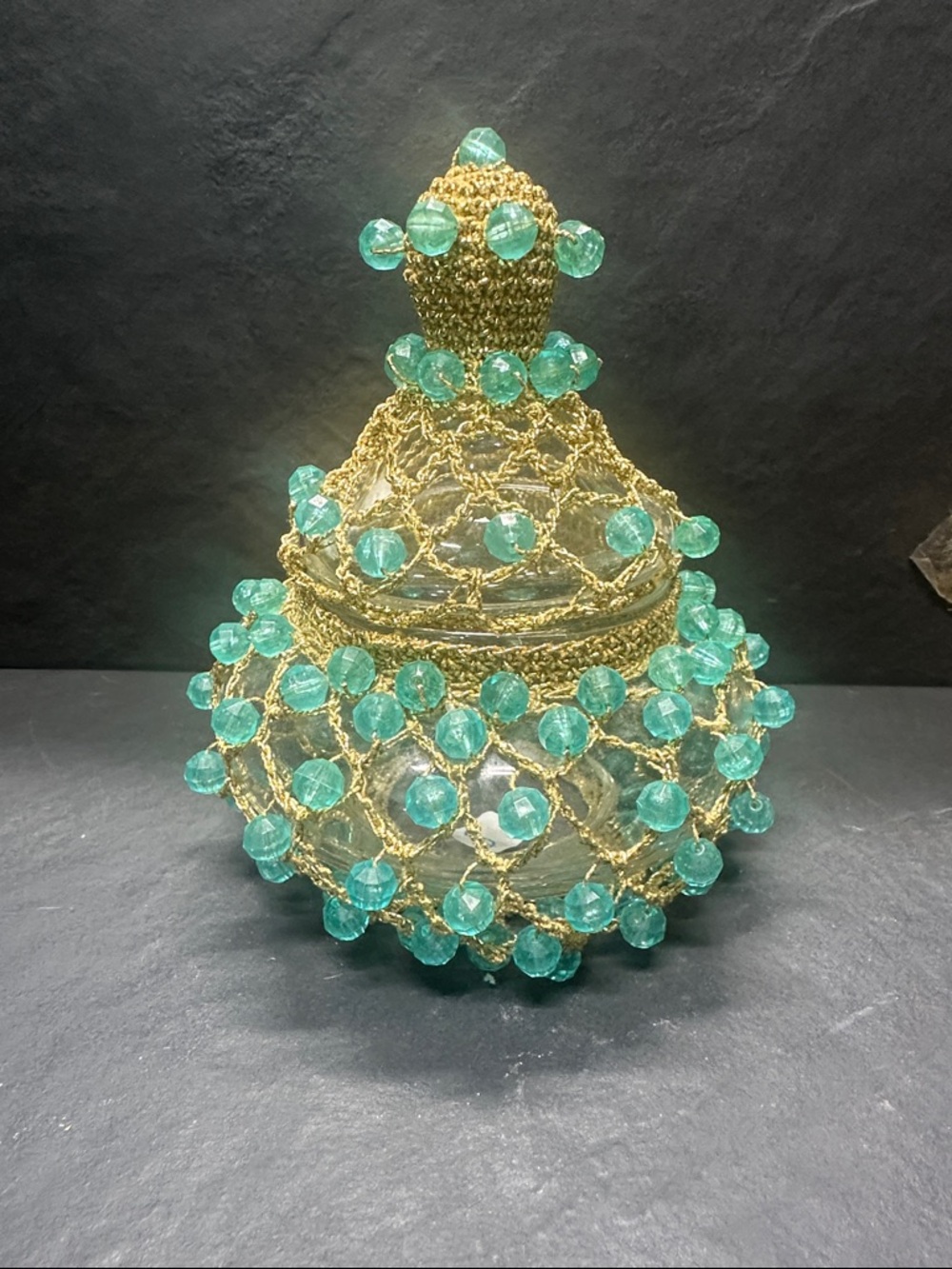 VTG Glass Trinket Jar w/ Gold Crochet Green & Blue Beads APOTHOCARY Decor